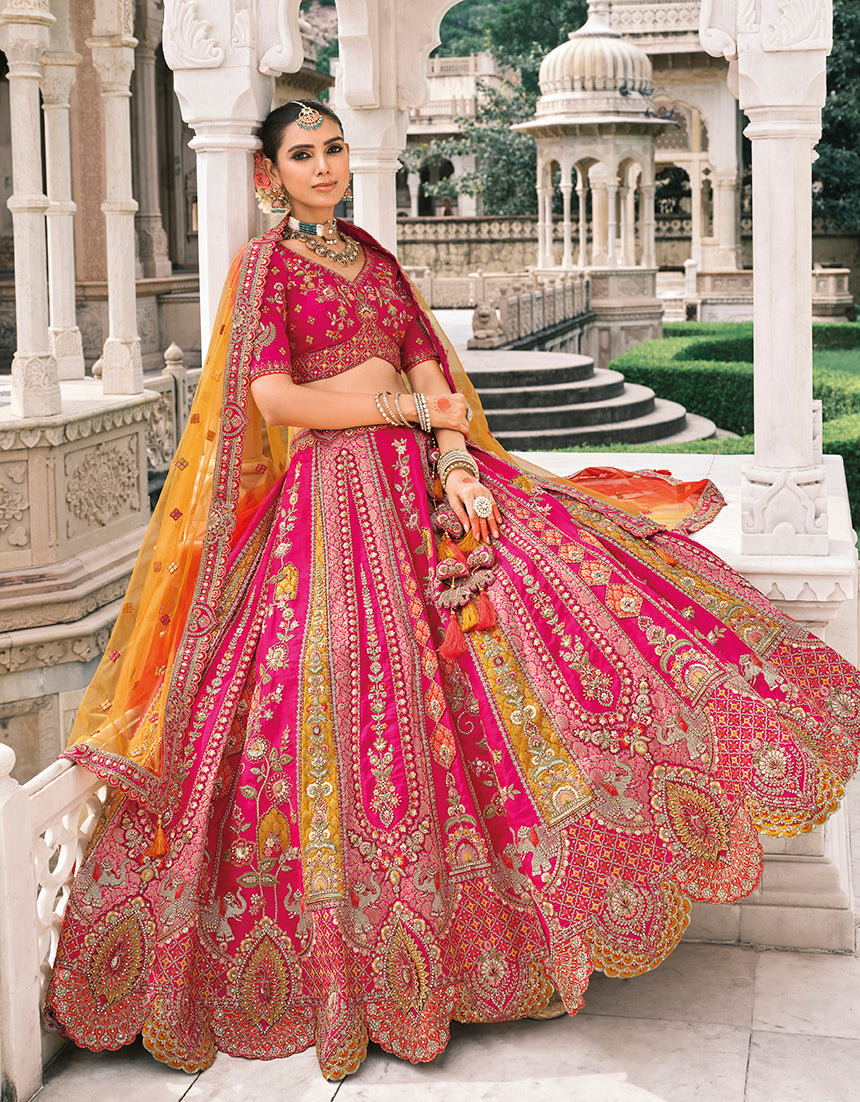 Monjolika Fashion Rani Pink Silk Bridal With Sequins Embroidery And Stone Work Lehenga - Distacart