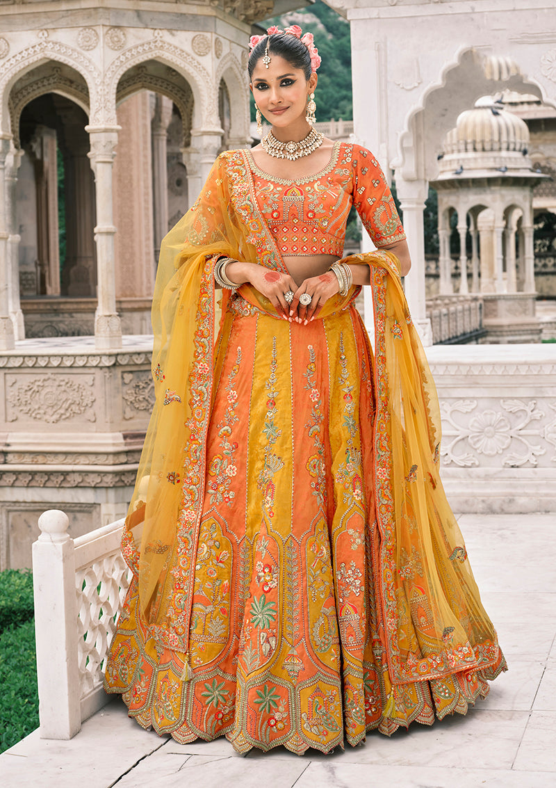 Monjolika Fashion Yellow And Orange Silk Bridal With Sequins Embroidery And Stone Work Lehenga - Distacart