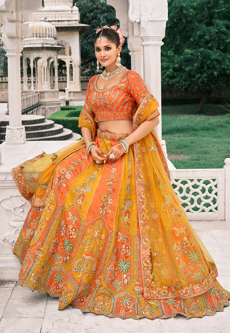 Monjolika Fashion Yellow And Orange Silk Bridal With Sequins Embroidery And Stone Work Lehenga - Distacart