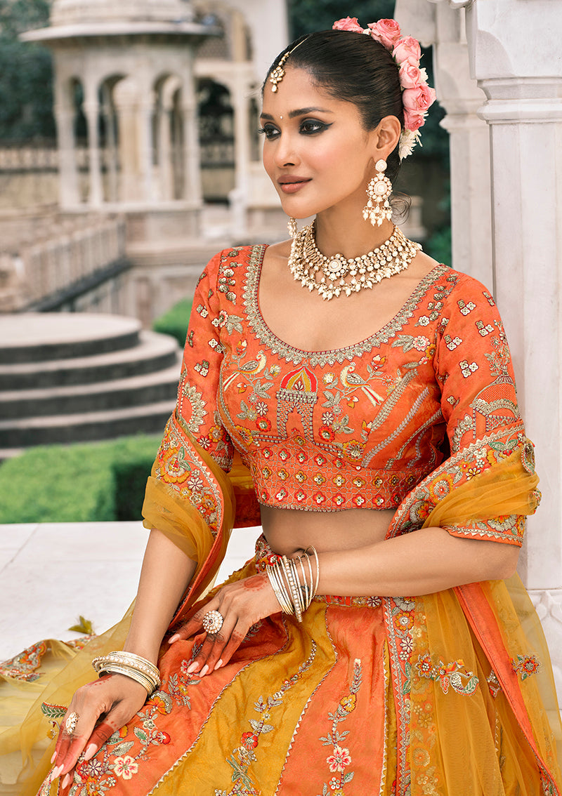 Monjolika Fashion Yellow And Orange Silk Bridal With Sequins Embroidery And Stone Work Lehenga - Distacart