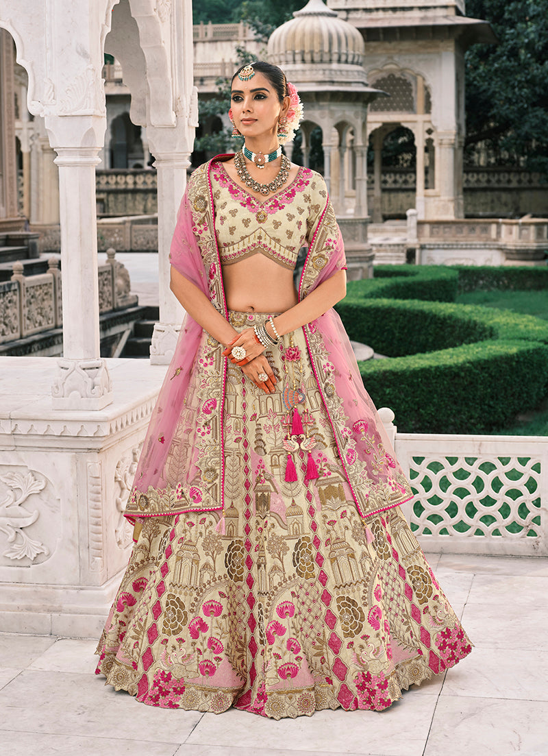 Monjolika Fashion Cream Silk Bridal With Sequins Embroidery And Stone Work Lehenga - Distacart