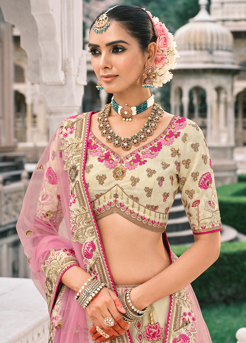 Monjolika Fashion Cream Silk Bridal With Sequins Embroidery And Stone Work Lehenga - Distacart