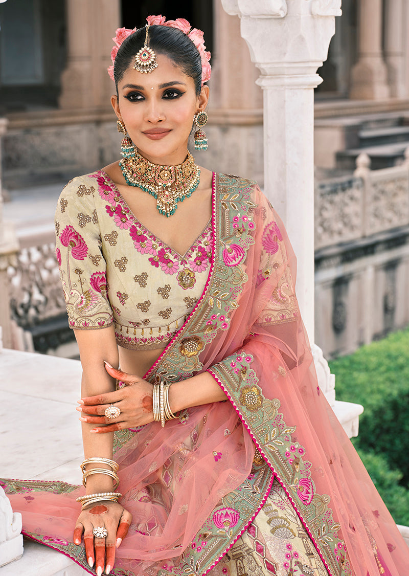 Monjolika Fashion Cream Silk Bridal With Zari Embroidery And Stone Work Lehenga - Distacart