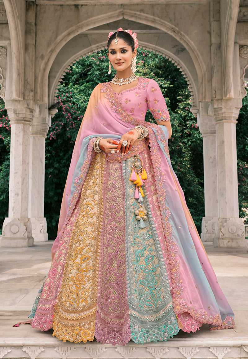 Monjolika Fashion Multicolor Silk Bridal With Thread Embroidery And Stone Work Lehenga - Distacart