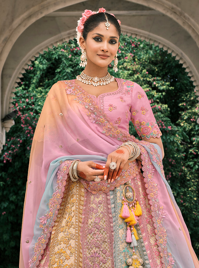 Monjolika Fashion Multicolor Silk Bridal With Thread Embroidery And Stone Work Lehenga - Distacart