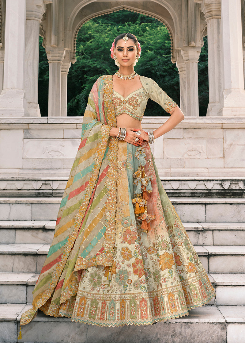 Monjolika Fashion Multicolor Silk Bridal With Thread Embroidery And Sequins Work Lehenga - Distacart