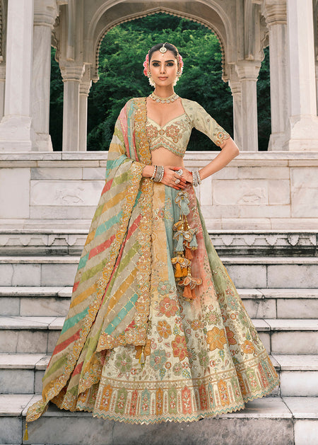Monjolika Fashion Multicolor Silk Bridal With Thread Embroidery And Sequins Work Lehenga