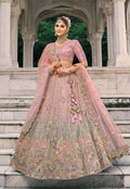 Monjolika Fashion Dusty Pink And Grey Silk Bridal With Thread And Moti Work Lehenga - Distacart