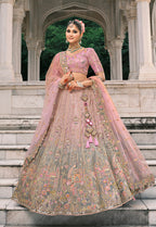 Monjolika Fashion Dusty Pink And Grey Silk Bridal With Thread And Moti Work Lehenga - Distacart