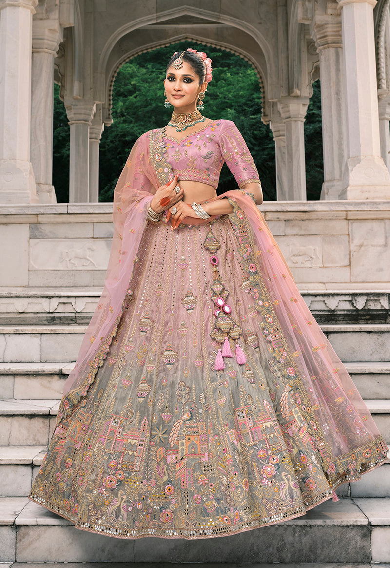 Monjolika Fashion Dusty Pink And Grey Silk Bridal With Thread And Moti Work Lehenga - Distacart