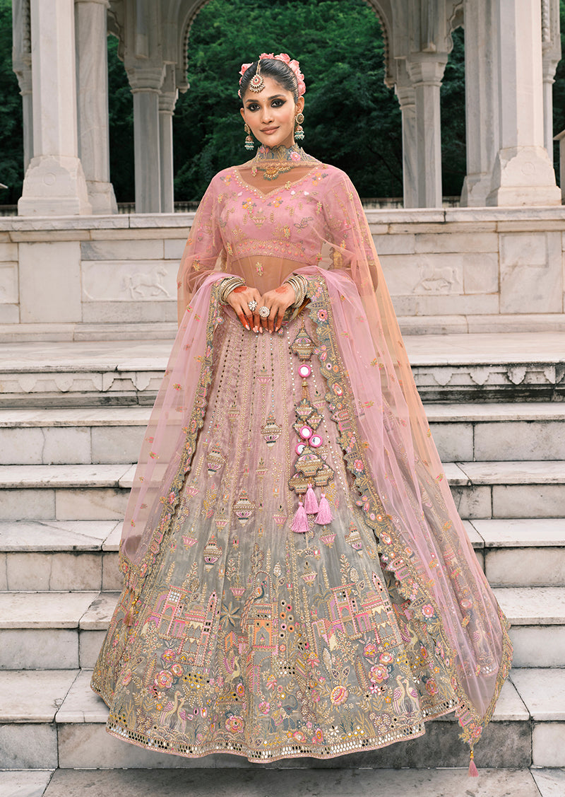 Monjolika Fashion Dusty Pink And Grey Silk Bridal With Thread And Moti Work Lehenga - Distacart
