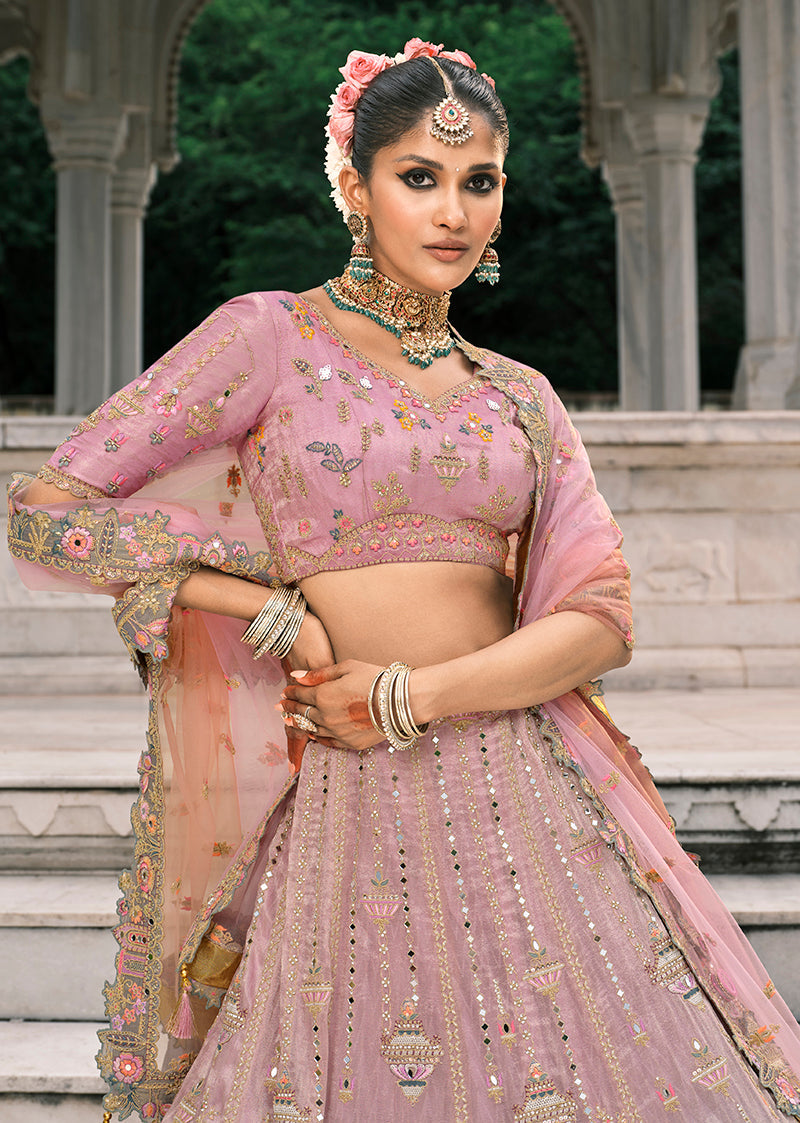 Monjolika Fashion Dusty Pink And Grey Silk Bridal With Thread And Moti Work Lehenga - Distacart