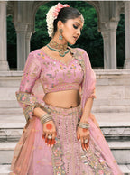 Monjolika Fashion Dusty Pink And Grey Silk Bridal With Thread And Moti Work Lehenga - Distacart