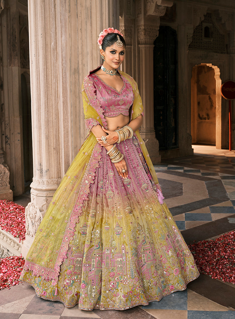 Monjolika Fashion Onion Pink And Green Silk Bridal With Mirror And Resham Embroidery Lehenga - Distacart
