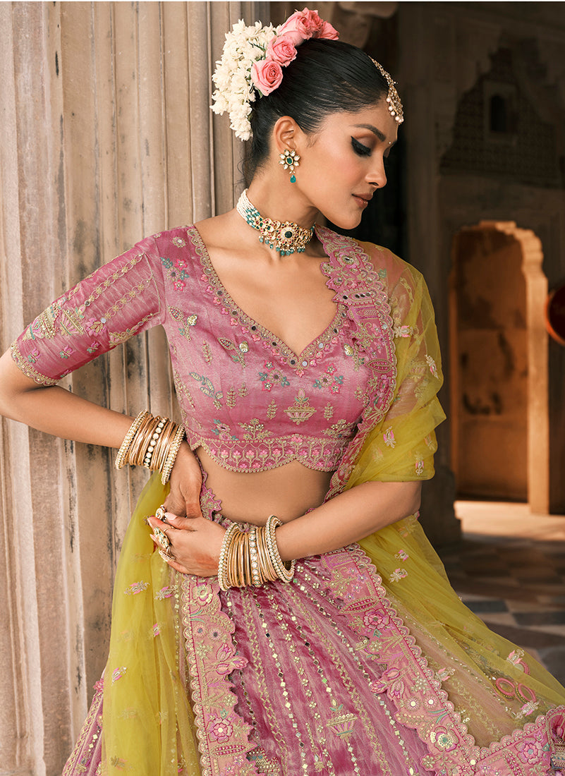 Monjolika Fashion Onion Pink And Green Silk Bridal With Mirror And Resham Embroidery Lehenga - Distacart