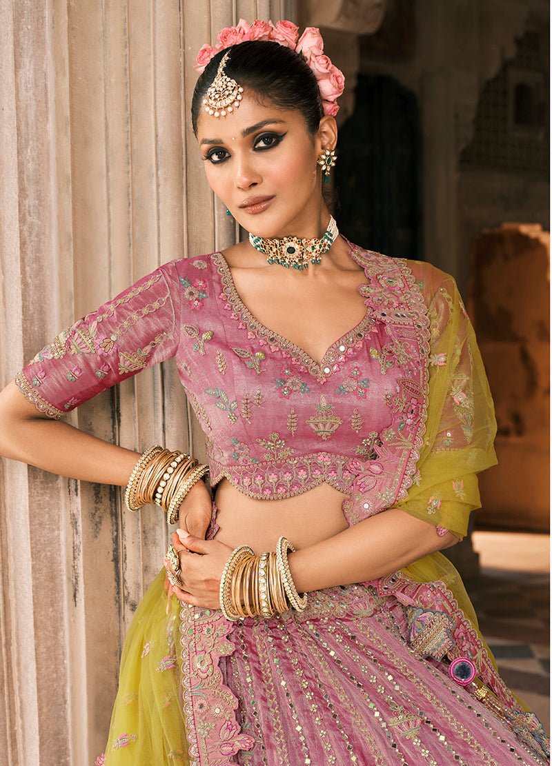 Monjolika Fashion Onion Pink And Green Silk Bridal With Mirror And Resham Embroidery Lehenga - Distacart