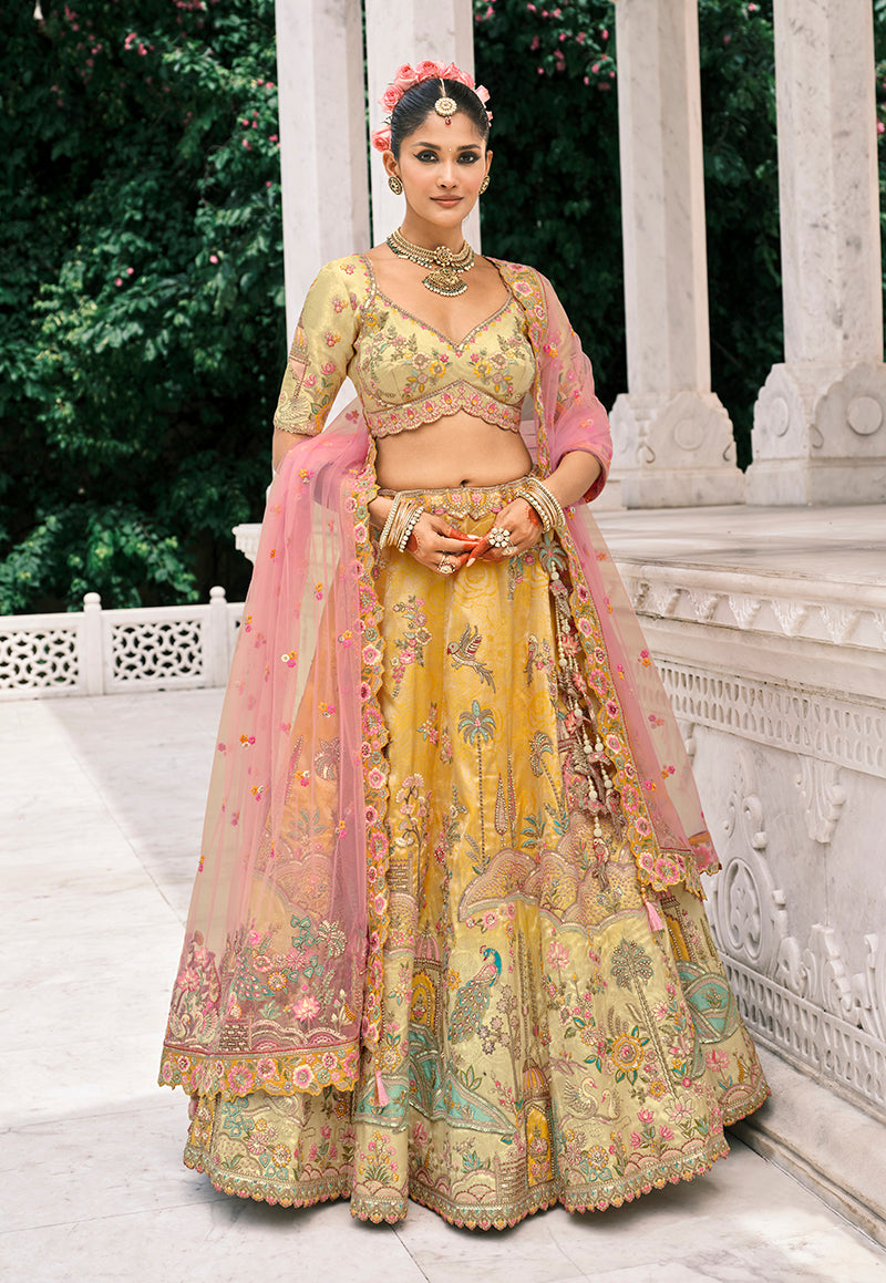 Monjolika Fashion Yellow Silk Bridal With Thread Embroidery And Stone Work Lehenga - Distacart