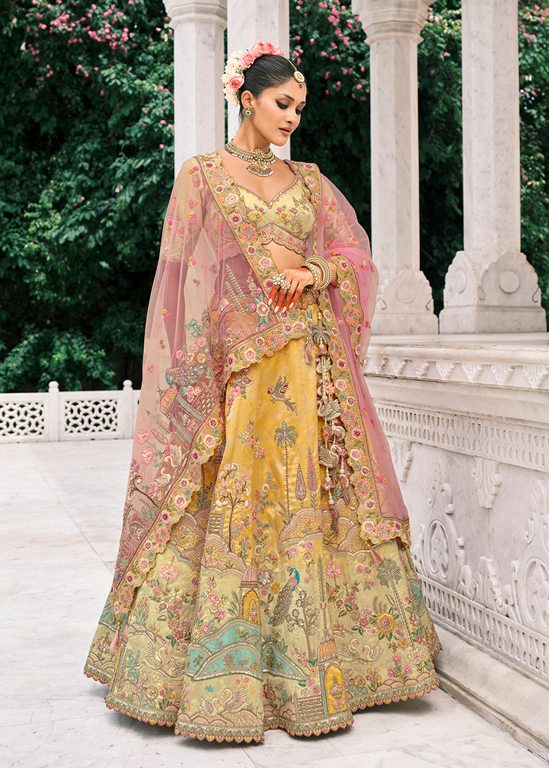 Monjolika Fashion Yellow Silk Bridal With Thread Embroidery And Stone Work Lehenga - Distacart