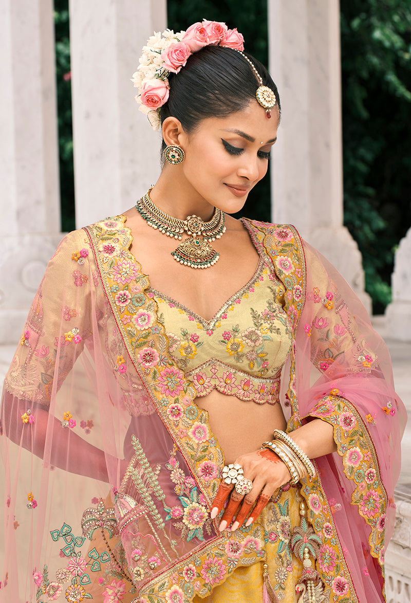 Monjolika Fashion Yellow Silk Bridal With Thread Embroidery And Stone Work Lehenga - Distacart