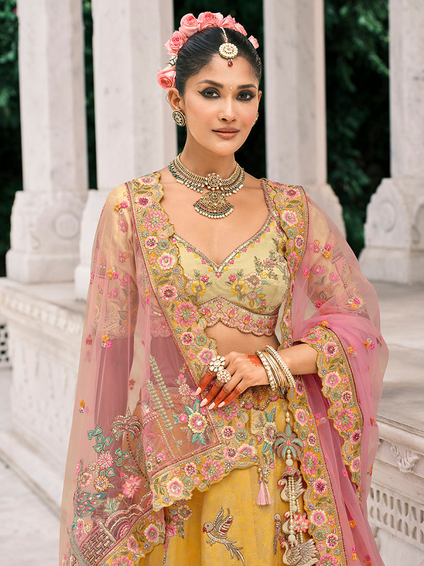 Monjolika Fashion Yellow Silk Bridal With Thread Embroidery And Stone Work Lehenga - Distacart