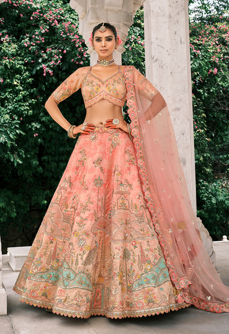 Monjolika Fashion Peach Silk Bridal With Thread Embroidery And Stone Work Lehenga - Distacart