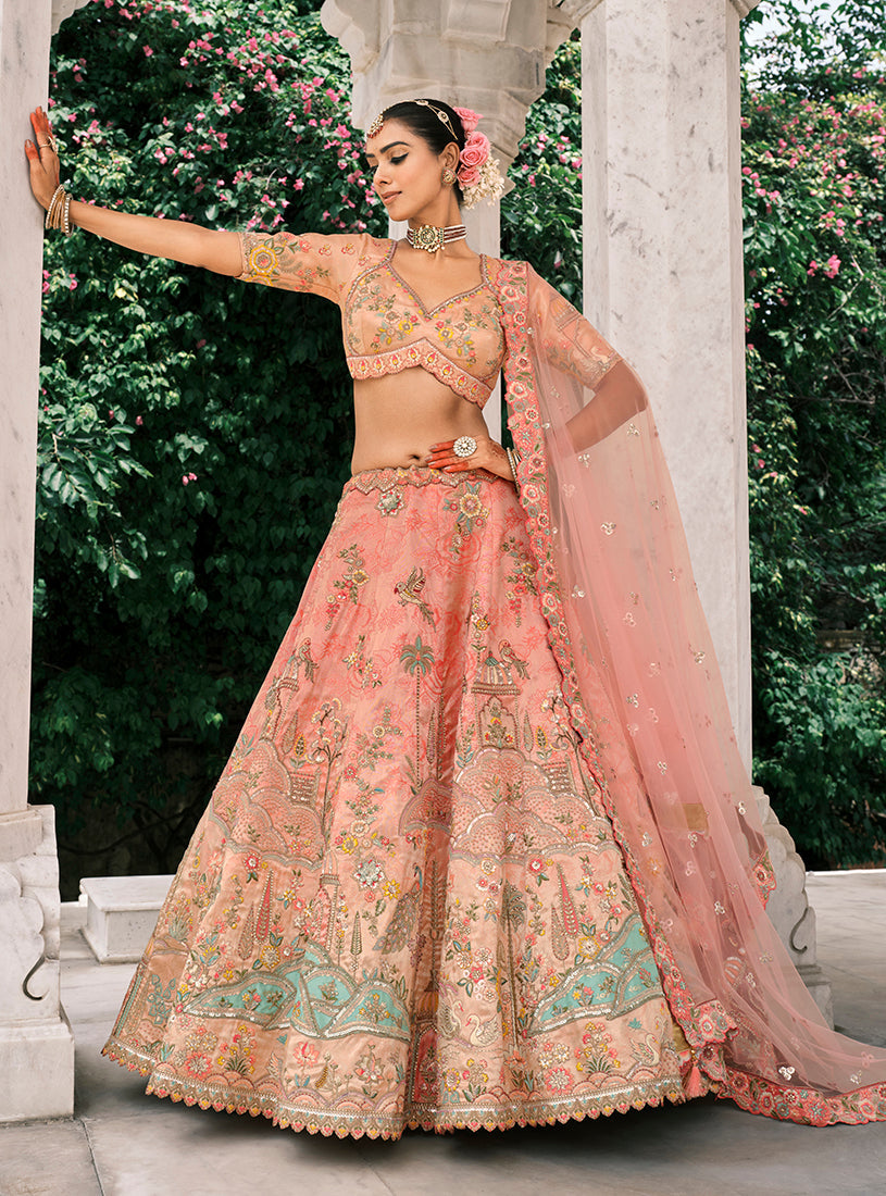 Monjolika Fashion Peach Silk Bridal With Thread Embroidery And Stone Work Lehenga - Distacart