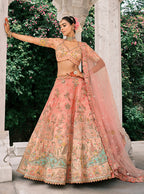 Monjolika Fashion Peach Silk Bridal With Thread Embroidery And Stone Work Lehenga - Distacart