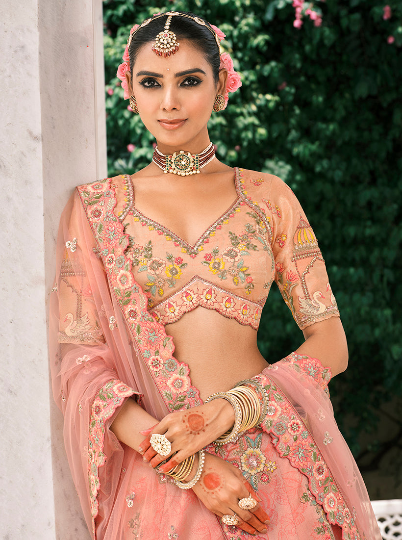 Monjolika Fashion Peach Silk Bridal With Thread Embroidery And Stone Work Lehenga - Distacart