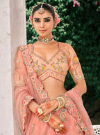 Monjolika Fashion Peach Silk Bridal With Thread Embroidery And Stone Work Lehenga - Distacart