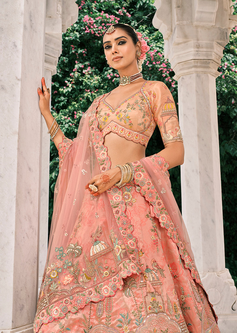 Monjolika Fashion Peach Silk Bridal With Thread Embroidery And Stone Work Lehenga - Distacart