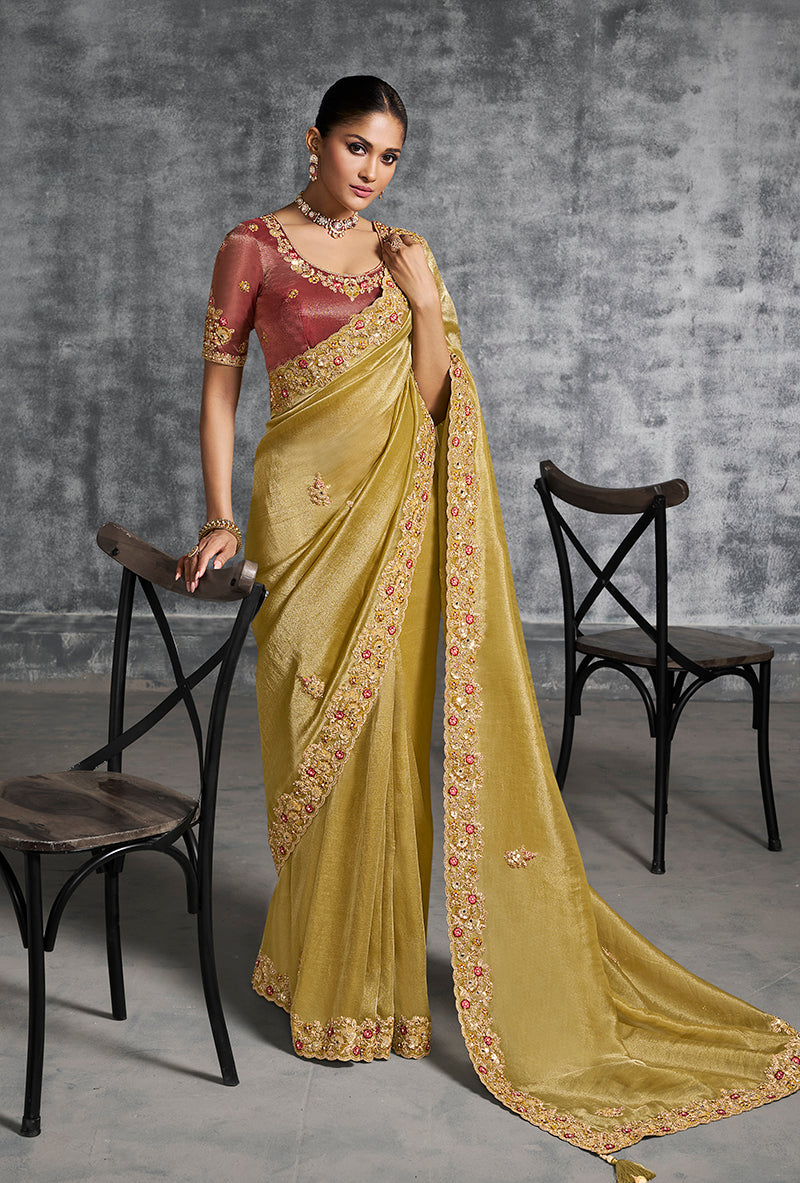 Monjolika Fashion Mustard Tissue Traditional Saree with Embroidered, Resham and Thread Work for Ceremonial - Distacart