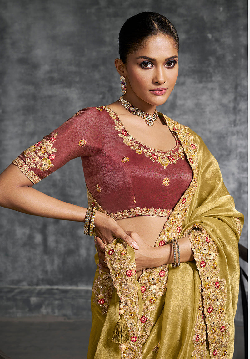 Monjolika Fashion Mustard Tissue Traditional Saree with Embroidered, Resham and Thread Work for Ceremonial - Distacart