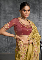 Monjolika Fashion Mustard Tissue Traditional Saree with Embroidered, Resham and Thread Work for Ceremonial - Distacart