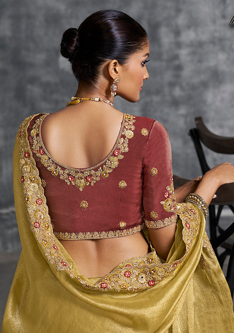 Monjolika Fashion Mustard Tissue Traditional Saree with Embroidered, Resham and Thread Work for Ceremonial - Distacart