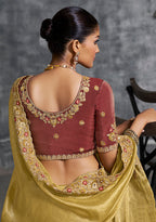 Monjolika Fashion Mustard Tissue Traditional Saree with Embroidered, Resham and Thread Work for Ceremonial - Distacart