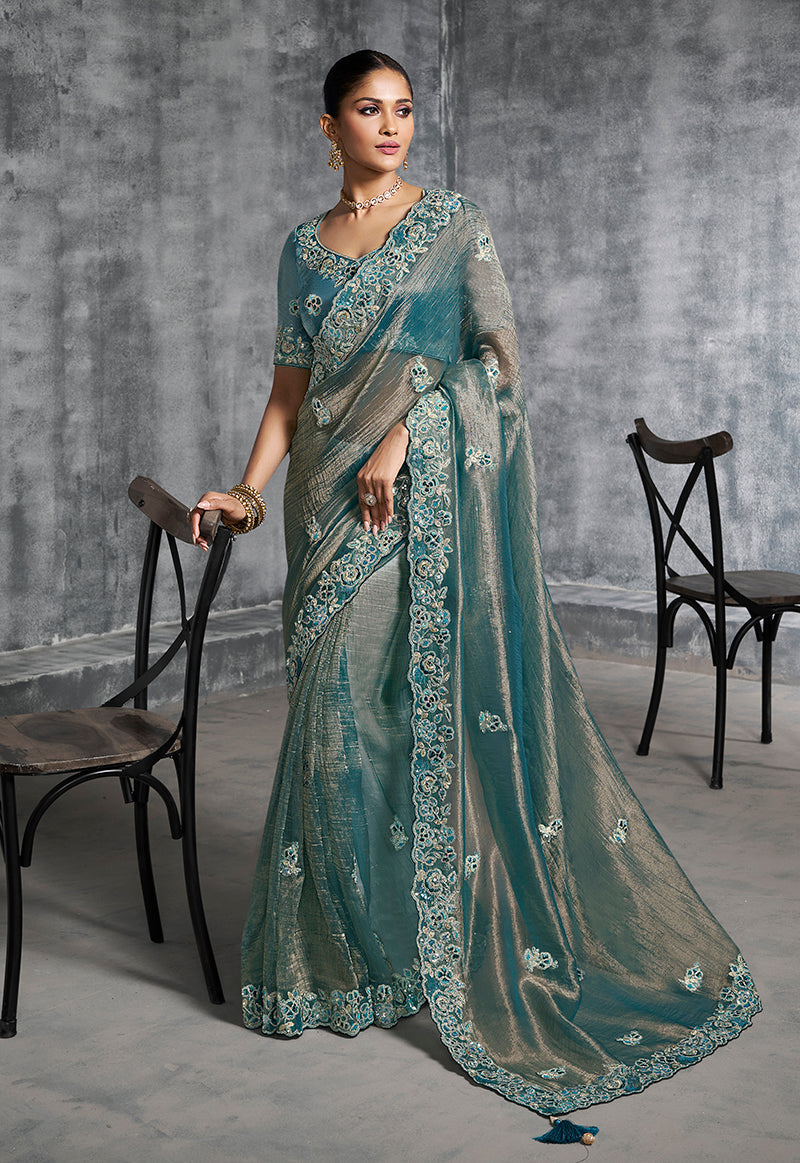 Monjolika Fashion Teal Blue Tissue Traditional Saree with Embroidered, Resham and Thread Work for Ceremonial - Distacart