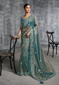 Monjolika Fashion Teal Blue Tissue Traditional Saree with Embroidered, Resham and Thread Work for Ceremonial - Distacart
