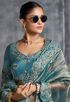 Monjolika Fashion Teal Blue Tissue Traditional Saree with Embroidered, Resham and Thread Work for Ceremonial - Distacart