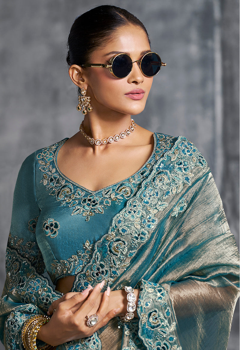 Monjolika Fashion Teal Blue Tissue Traditional Saree with Embroidered, Resham and Thread Work for Ceremonial - Distacart