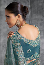 Monjolika Fashion Teal Blue Tissue Traditional Saree with Embroidered, Resham and Thread Work for Ceremonial - Distacart