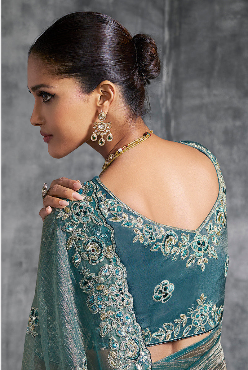 Monjolika Fashion Teal Blue Tissue Traditional Saree with Embroidered, Resham and Thread Work for Ceremonial - Distacart
