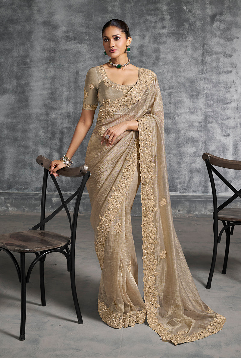 Monjolika Fashion Beige Tissue Traditional Saree with Embroidered, Resham and Thread Work for Ceremonial - Distacart