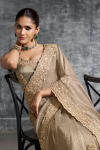 Monjolika Fashion Beige Tissue Traditional Saree with Embroidered, Resham and Thread Work for Ceremonial - Distacart
