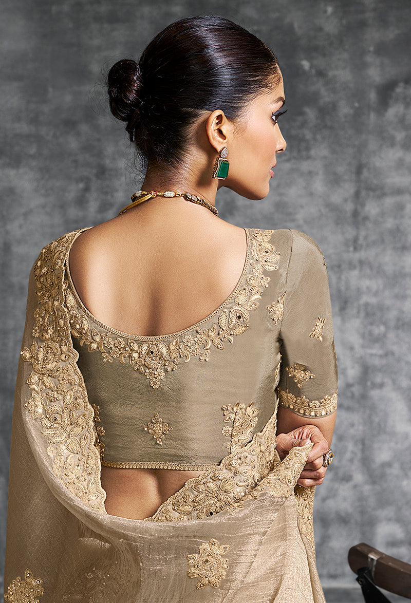Monjolika Fashion Beige Tissue Traditional Saree with Embroidered, Resham and Thread Work for Ceremonial - Distacart