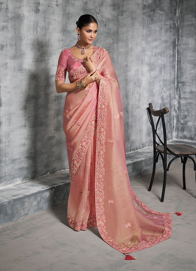 Monjolika Fashion Light Pink Tissue Traditional Saree with Embroidered, Resham and Thread Work for Ceremonial - Distacart