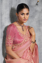 Monjolika Fashion Light Pink Tissue Traditional Saree with Embroidered, Resham and Thread Work for Ceremonial - Distacart