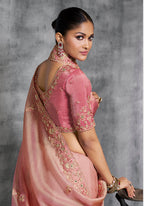 Monjolika Fashion Light Pink Tissue Traditional Saree with Embroidered, Resham and Thread Work for Ceremonial - Distacart