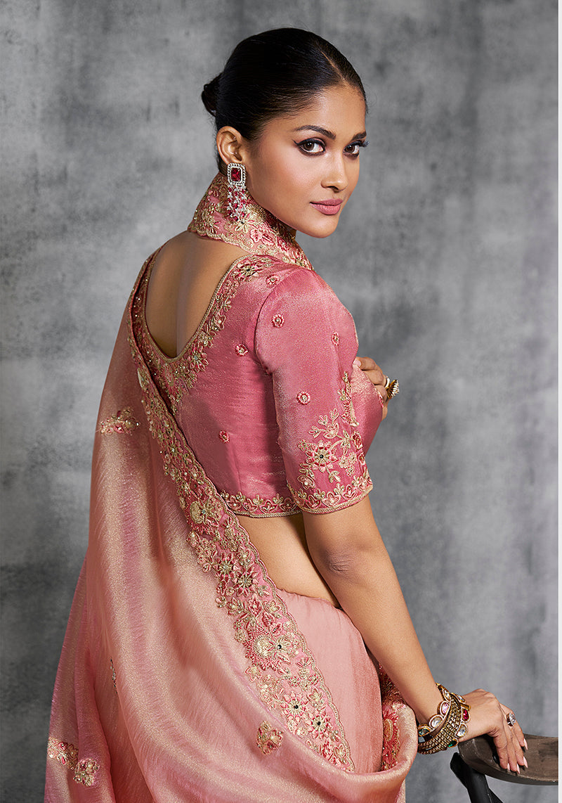 Monjolika Fashion Light Pink Tissue Traditional Saree with Embroidered, Resham and Thread Work for Ceremonial - Distacart