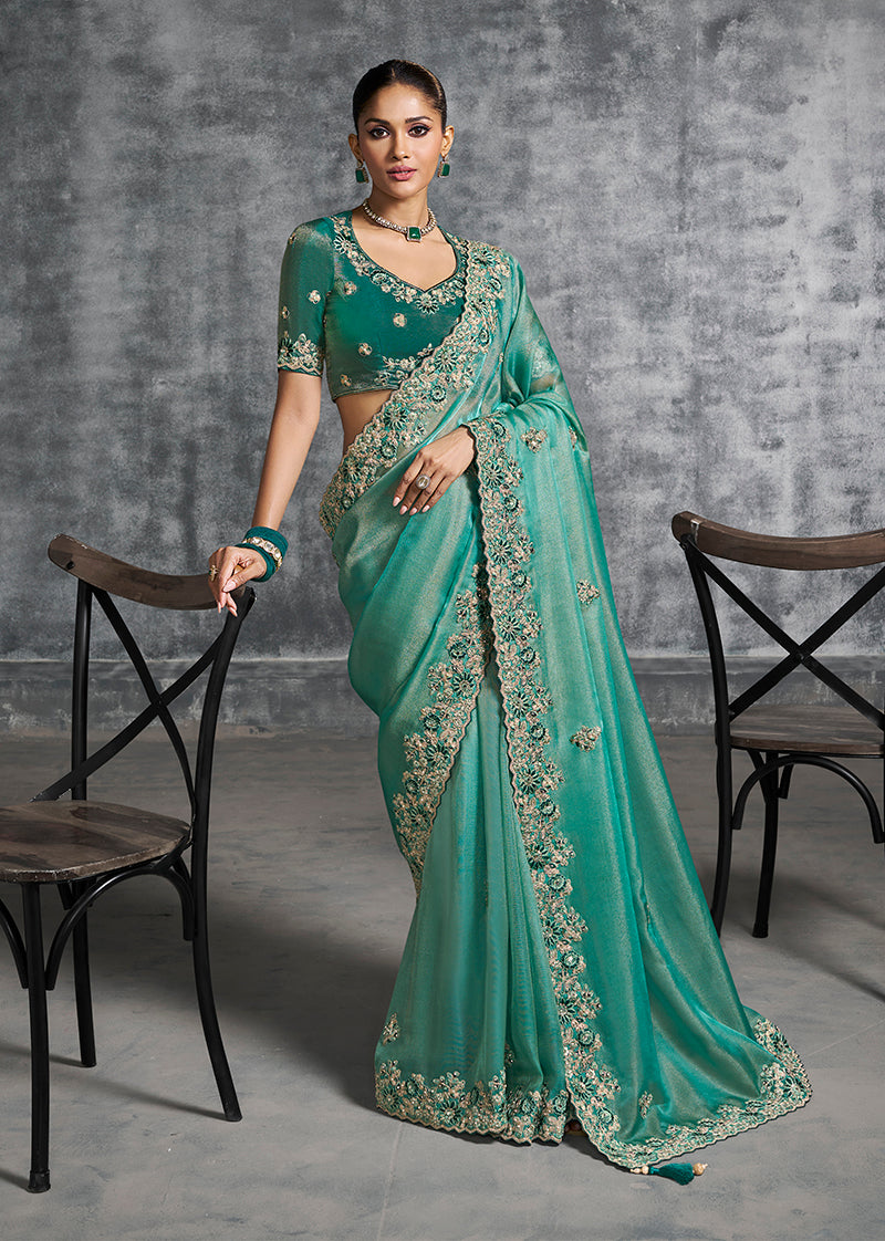 Monjolika Fashion Turquoise Tissue Traditional Saree with Embroidered, Resham and Thread Work for Ceremonial - Distacart
