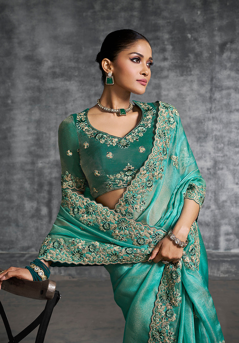 Monjolika Fashion Turquoise Tissue Traditional Saree with Embroidered, Resham and Thread Work for Ceremonial - Distacart